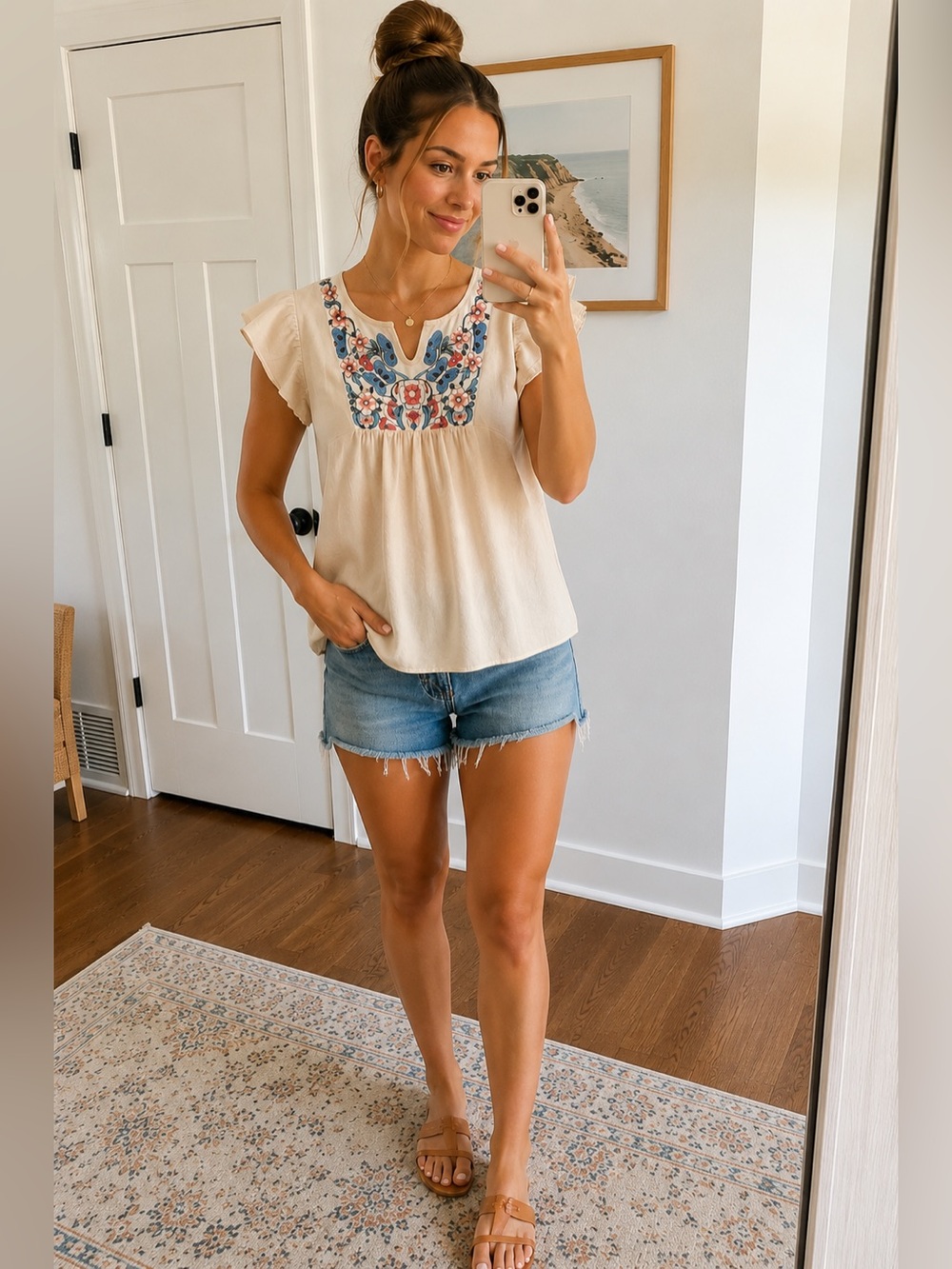 SHEIN Embroidered Boho Flutter Sleeve Top Beige Medium